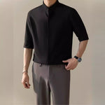 Thin Stand Collar Short Sleeve Men’s Shirt – Lightweight Summer Casual Polyester Half Sleeve Top