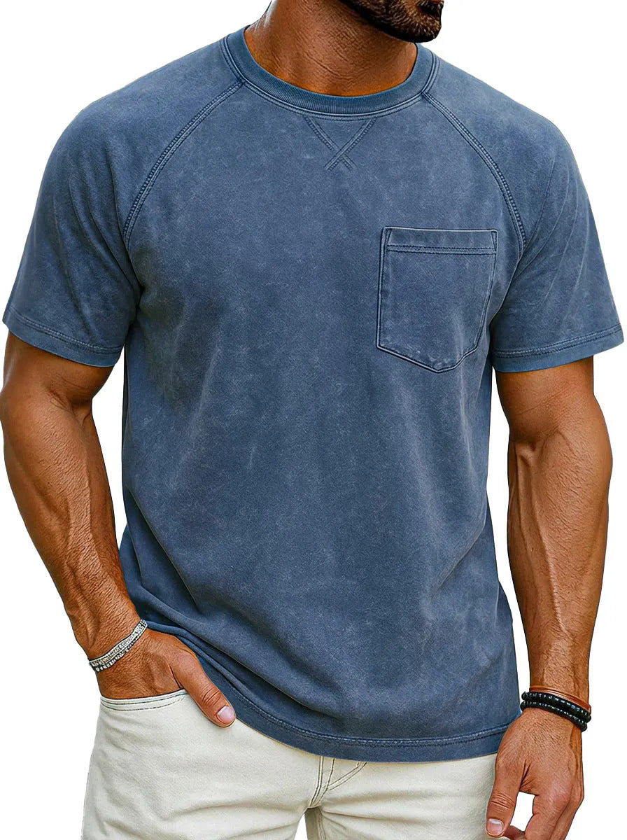 Classyet Retro Distressed Raglan Crew Neck Casual Loose Fit Polyester Short Sleeve T-Shirt for Teenagers