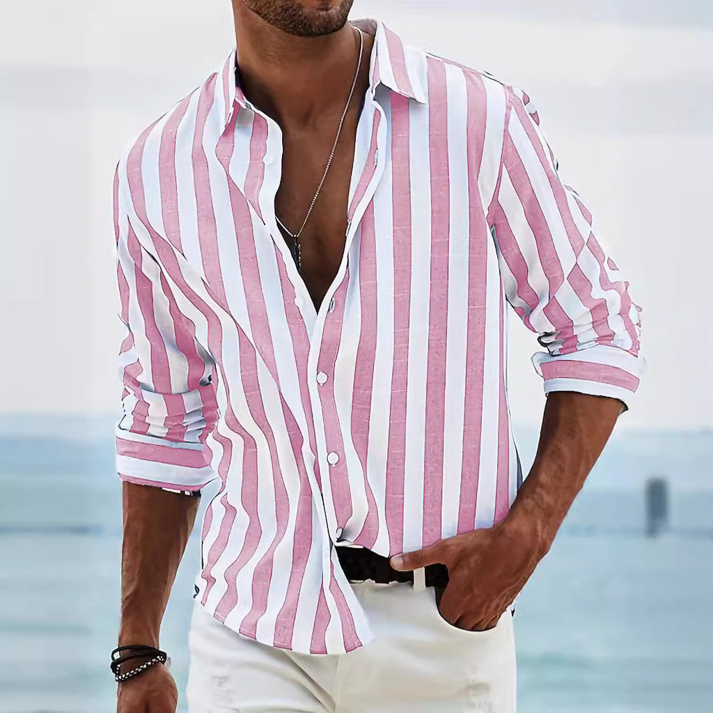Classyet Striped Print Casual Loose Long Sleeve Shirt for Men British Style Polyester Spring Autumn Wear