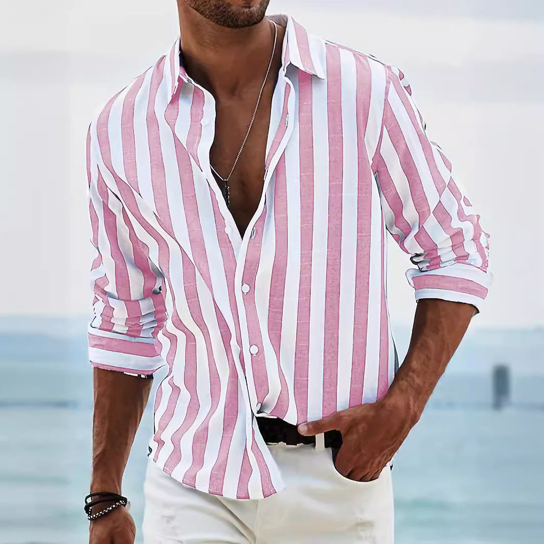 Classyet Striped Print Casual Loose Long Sleeve Shirt for Men British Style Polyester Spring Autumn Wear