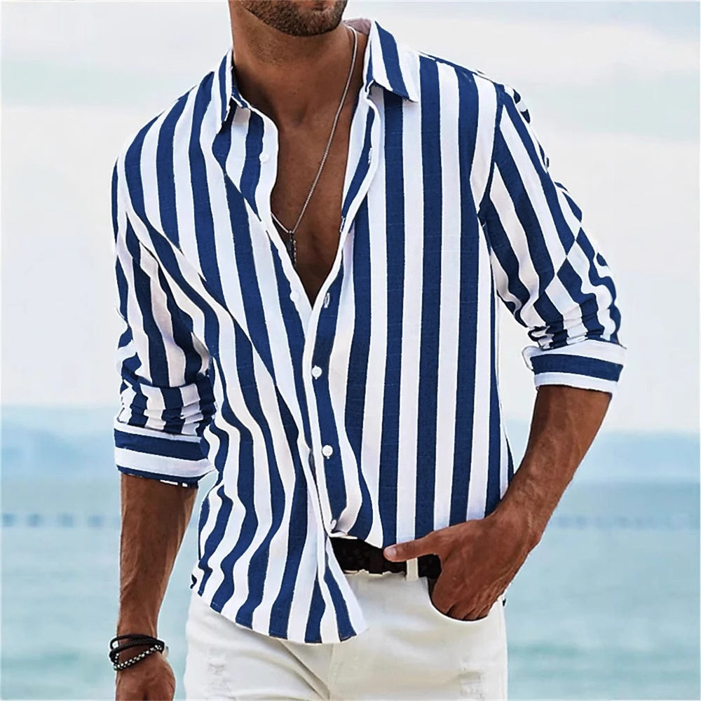 Classyet Striped Print Casual Loose Long Sleeve Shirt for Men British Style Polyester Spring Autumn Wear