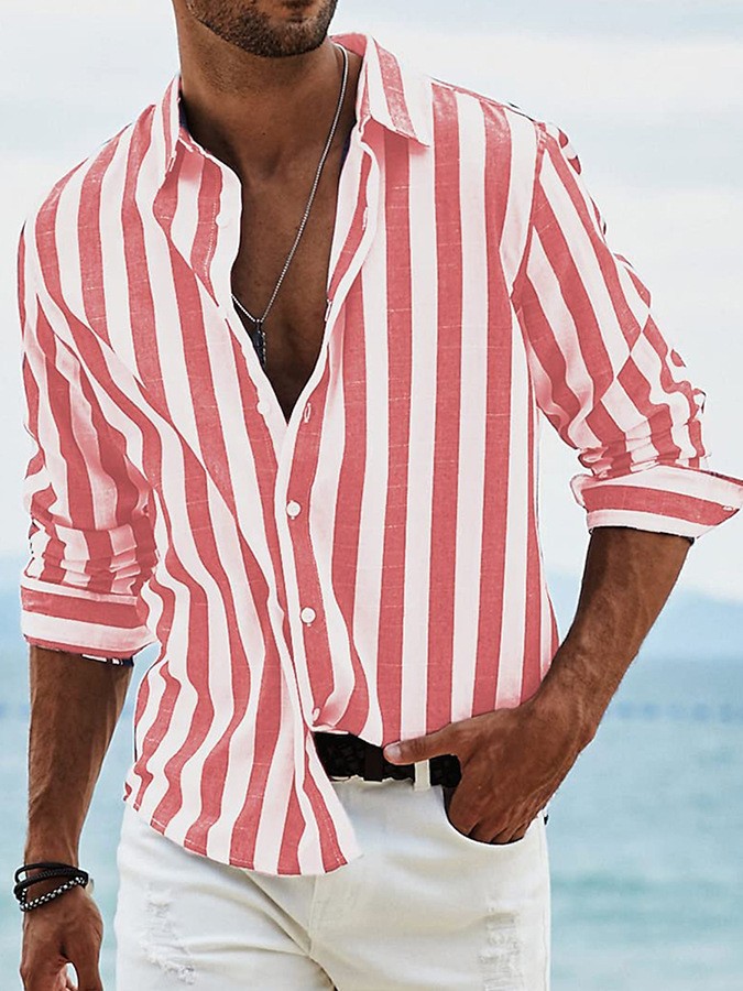 Classyet Striped Print Casual Loose Long Sleeve Shirt for Men British Style Polyester Spring Autumn Wear