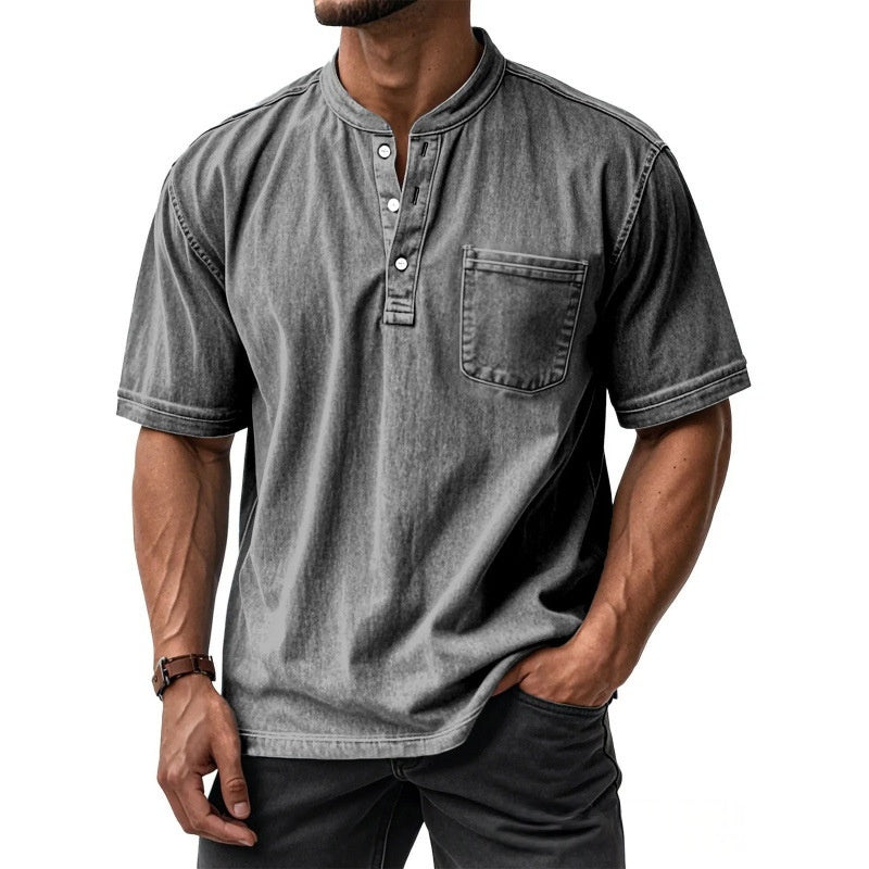 Classyet Men's Casual Slim Fit Cotton Short-Sleeve Crew-Neck Button-Up Shirt for Everyday Wear