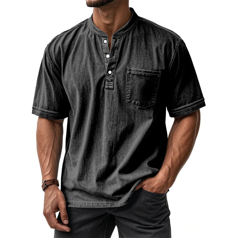 Classyet Men's Casual Slim Fit Cotton Short-Sleeve Crew-Neck Button-Up Shirt for Everyday Wear