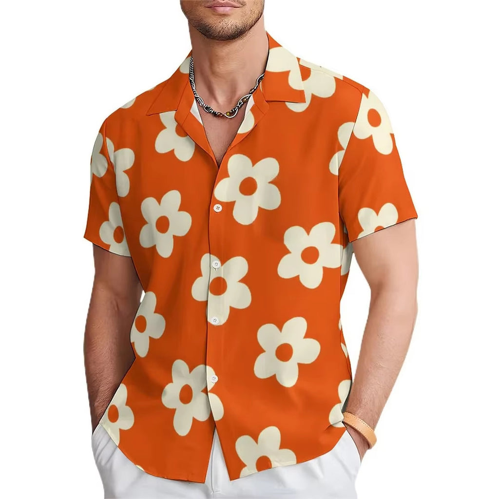 Classyet Fashion Men's Casual Floral Print Short Sleeve Loose Polyester Summer Shirt for Youth Style