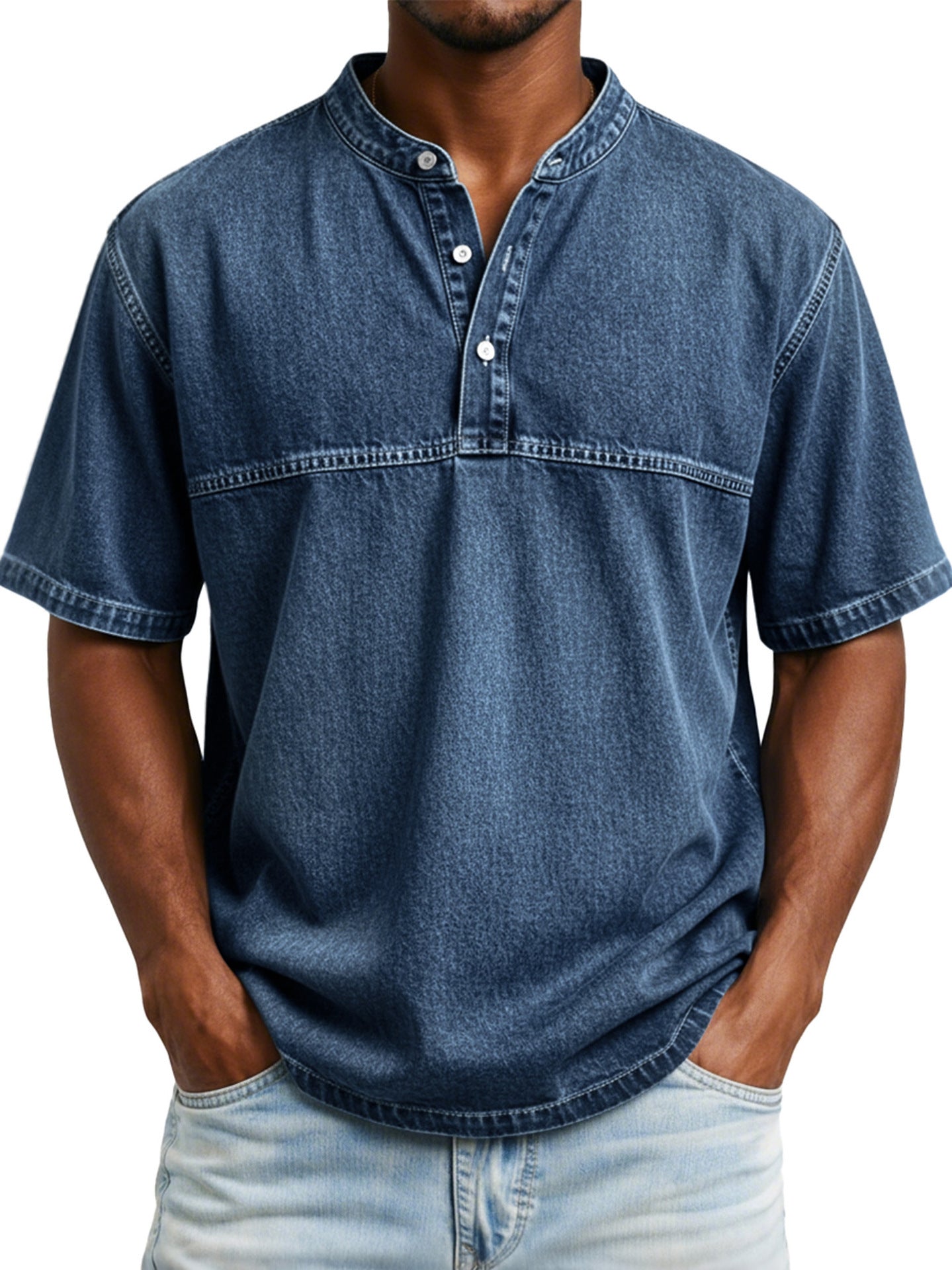 Classyet Straight Shoulder Crewneck Three Button Short Sleeve Henley Print Casual Slim Fit Shirt for Men