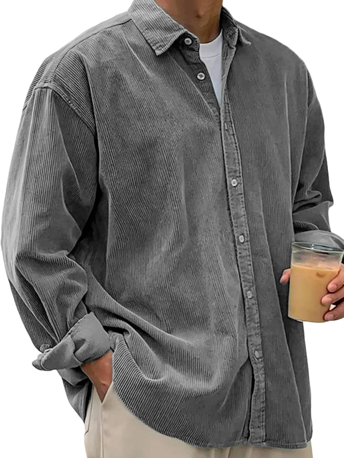 Classyet Men's Casual Corduroy Shirt Jacket Loose Fit Autumn Winter Cardigan Style Long Sleeve Layer