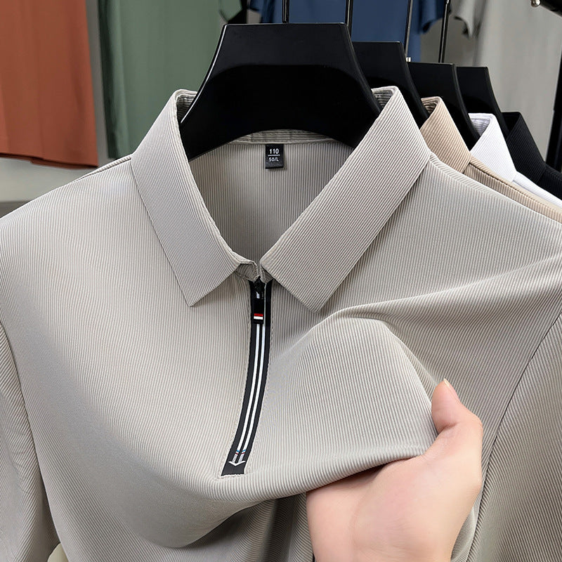 Classyet Men's Business Casual Ice Silk Stretch Short Sleeve Half-Zip Polo Shirt Slim Fit Summer Top