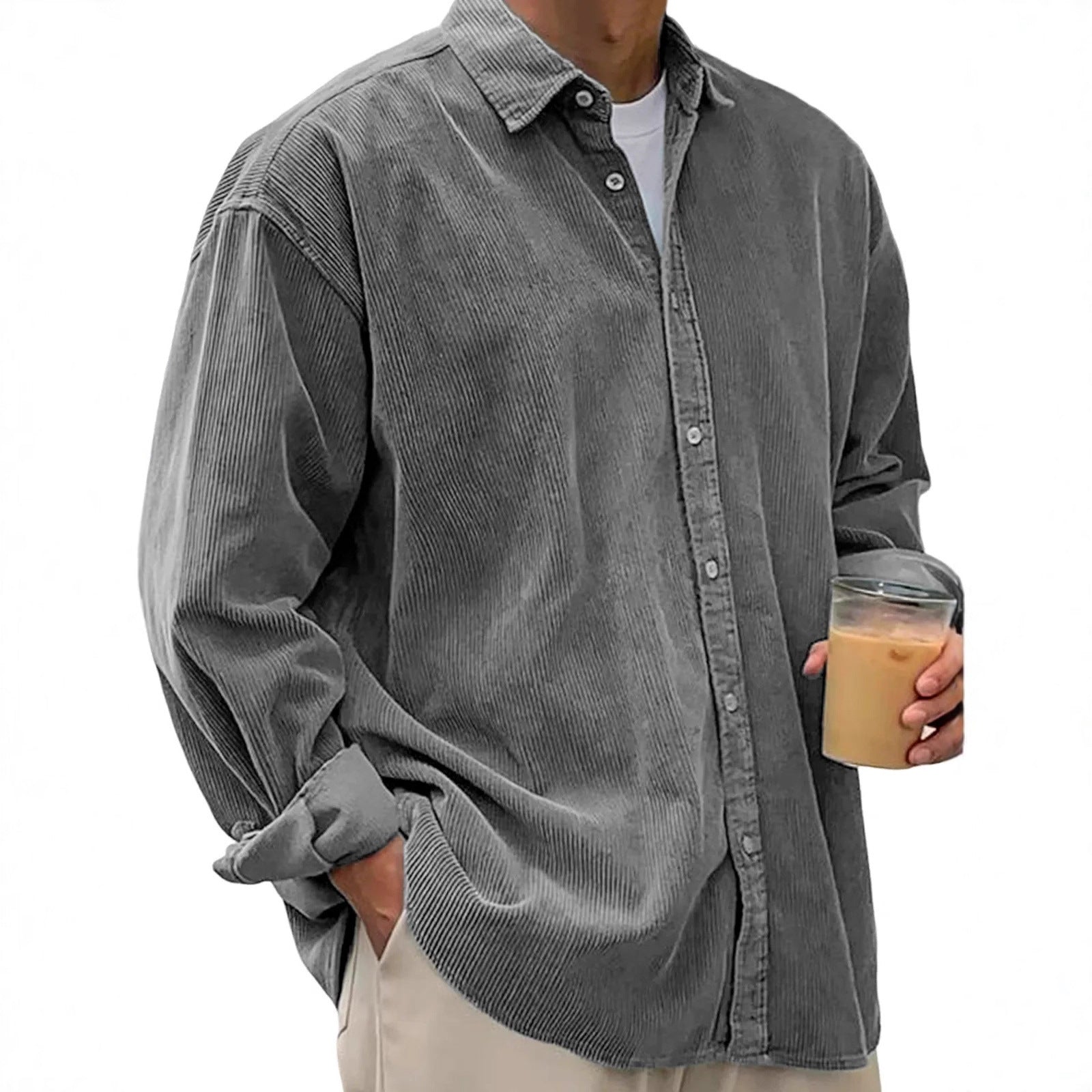 Classyet Men's Casual Corduroy Shirt Jacket Loose Fit Autumn Winter Cardigan Style Long Sleeve Layer