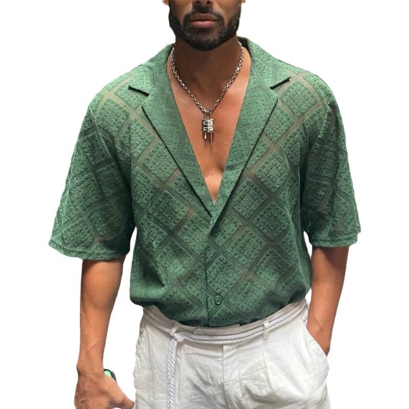 Classyet Men's Hollow-Out Breathable Short Sleeve Lapel Casual Shirt Cotton Blend Summer Style