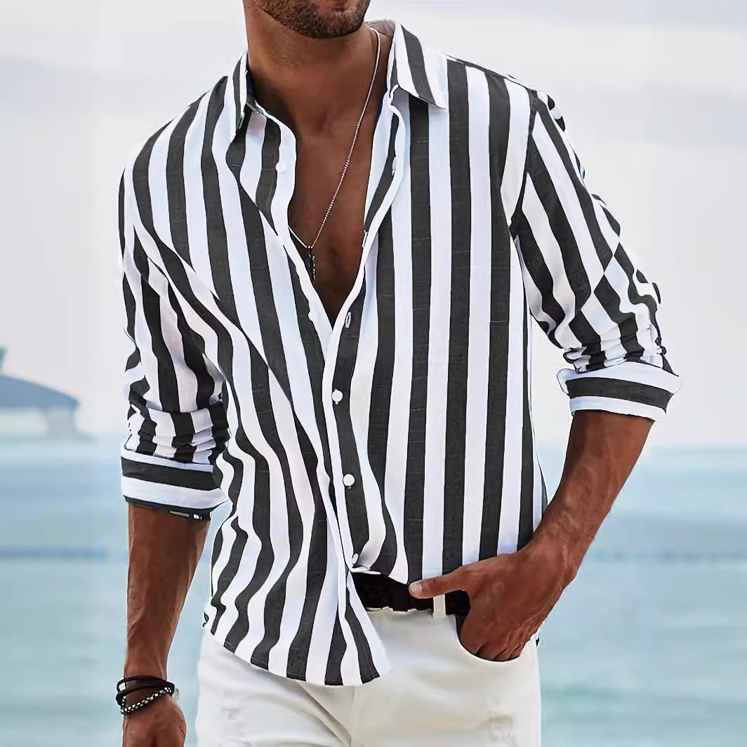 Classyet Striped Print Casual Loose Long Sleeve Shirt for Men British Style Polyester Spring Autumn Wear