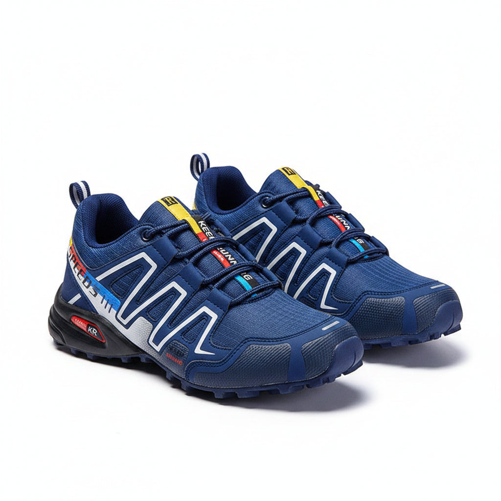 Blue athletic shoes with brand logo on a dark textured surface