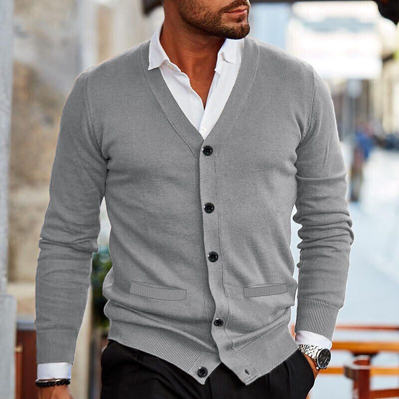 Men’s V-Neck Knit Sweater Cardigan – Slim Fit Autumn Winter Double-Sided Pocket Knitwear | Classyet