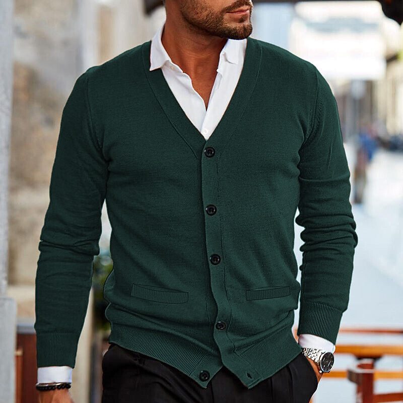 Men’s V-Neck Knit Sweater Cardigan – Slim Fit Autumn Winter Double-Sided Pocket Knitwear | Classyet