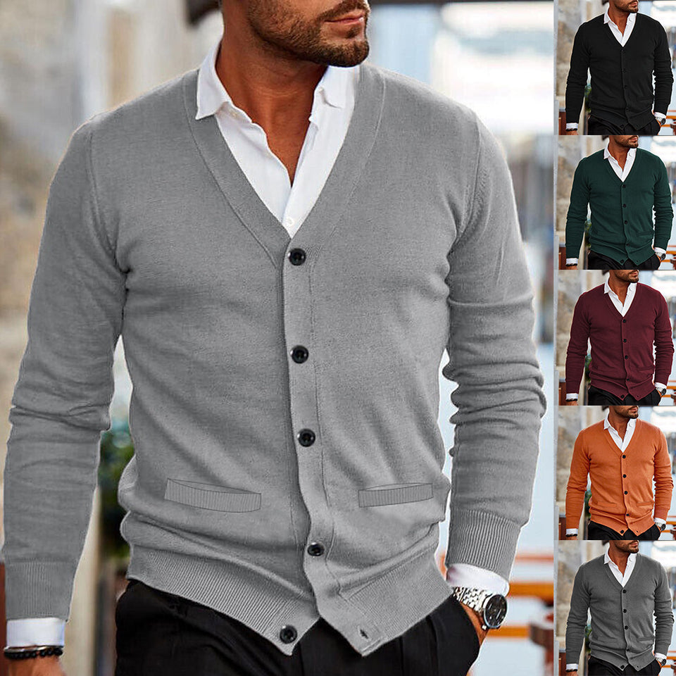 Men’s V-Neck Knit Sweater Cardigan – Slim Fit Autumn Winter Double-Sided Pocket Knitwear | Classyet