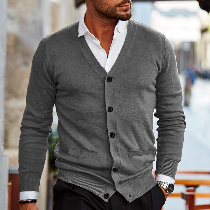 Men’s V-Neck Knit Sweater Cardigan – Slim Fit Autumn Winter Double-Sided Pocket Knitwear | Classyet