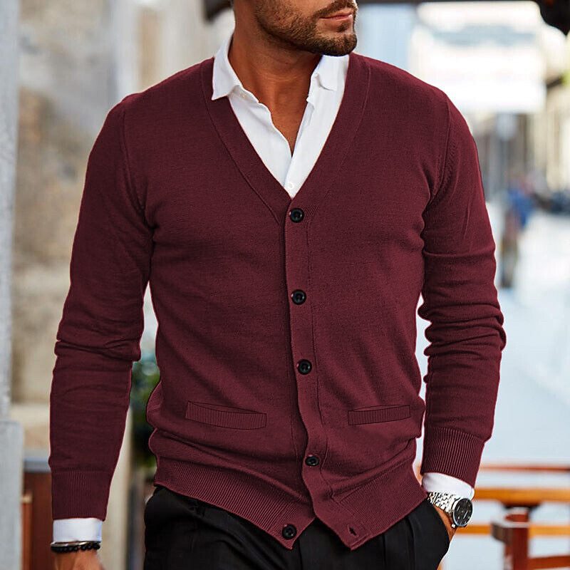 Men’s V-Neck Knit Sweater Cardigan – Slim Fit Autumn Winter Double-Sided Pocket Knitwear | Classyet