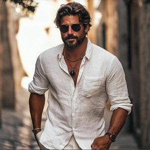 Men’s Lapel Breathable Long Sleeve Shirt with Chinese Pocket – Casual Polyester Spring & Autumn Wear