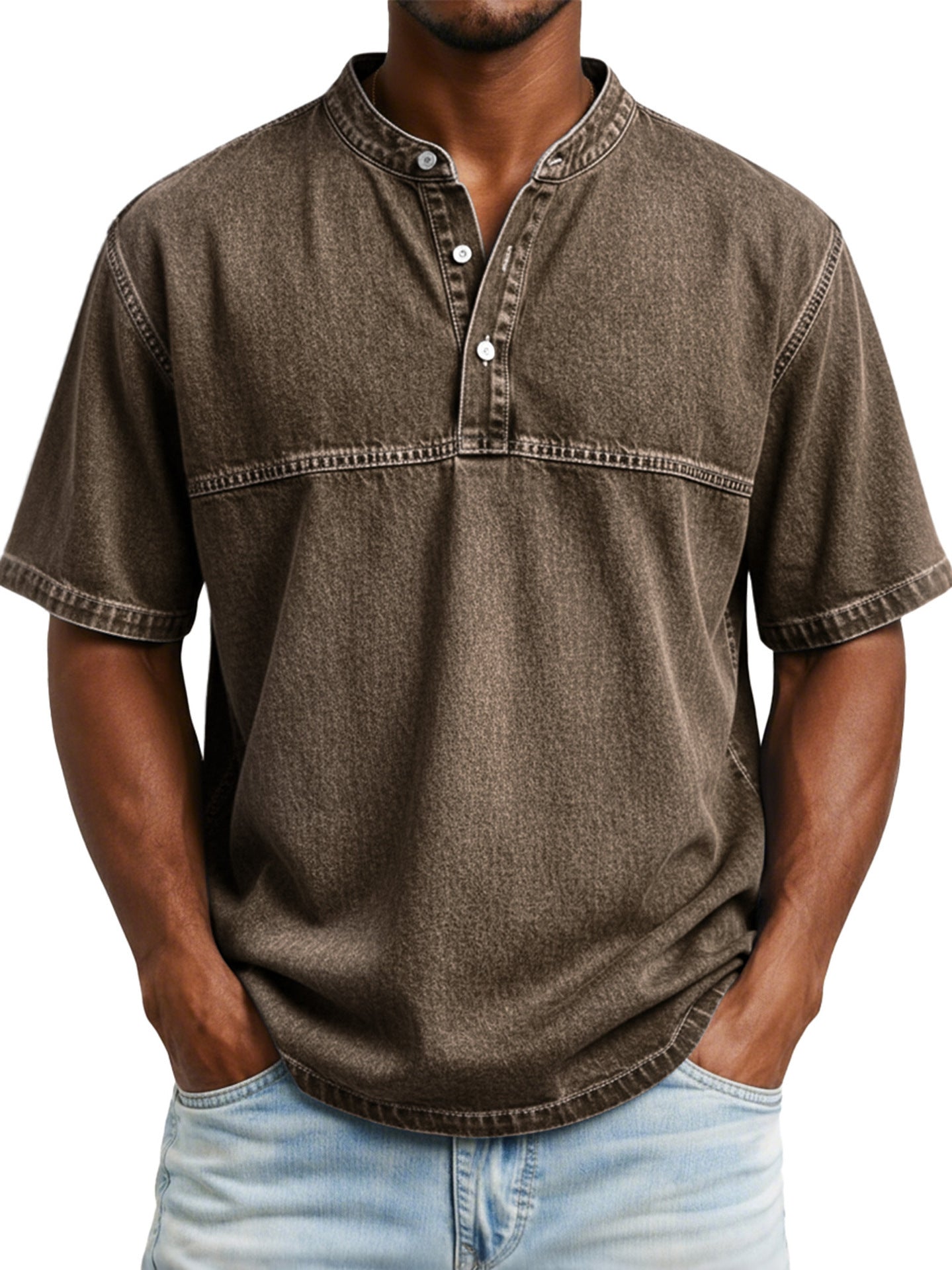 Classyet Straight Shoulder Crewneck Three Button Short Sleeve Henley Print Casual Slim Fit Shirt for Men