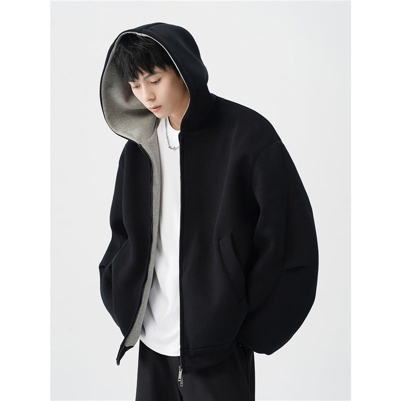 Double Zipper Hooded Men’s Sweater Jacket – Casual Loose Fit Long Sleeve Polyester Cardigan