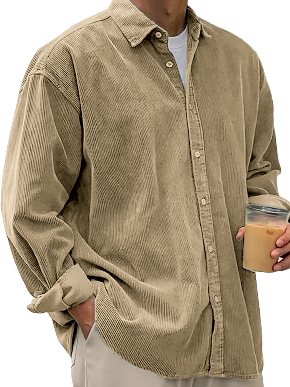 Classyet Men's Casual Corduroy Shirt Jacket Loose Fit Autumn Winter Cardigan Style Long Sleeve Layer