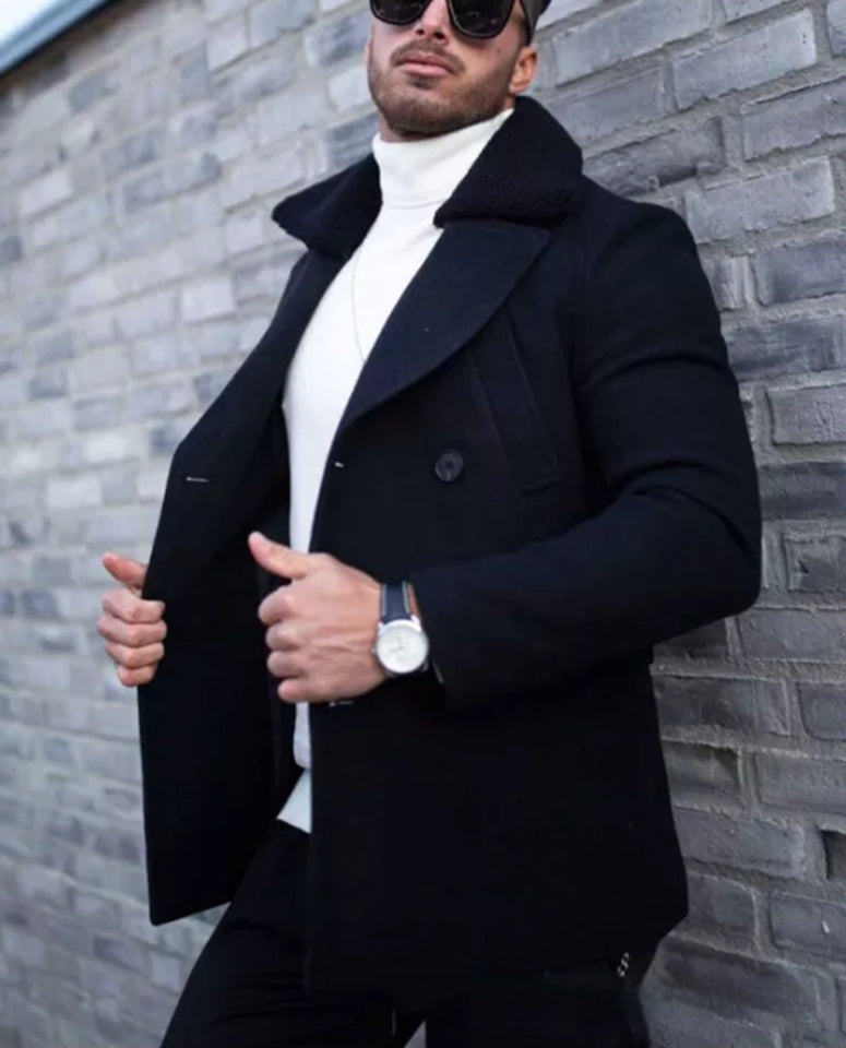 Men’s British Style Fur Collar Woolen Coat – Thick Winter Suit Jacket for Elegant Warmth
