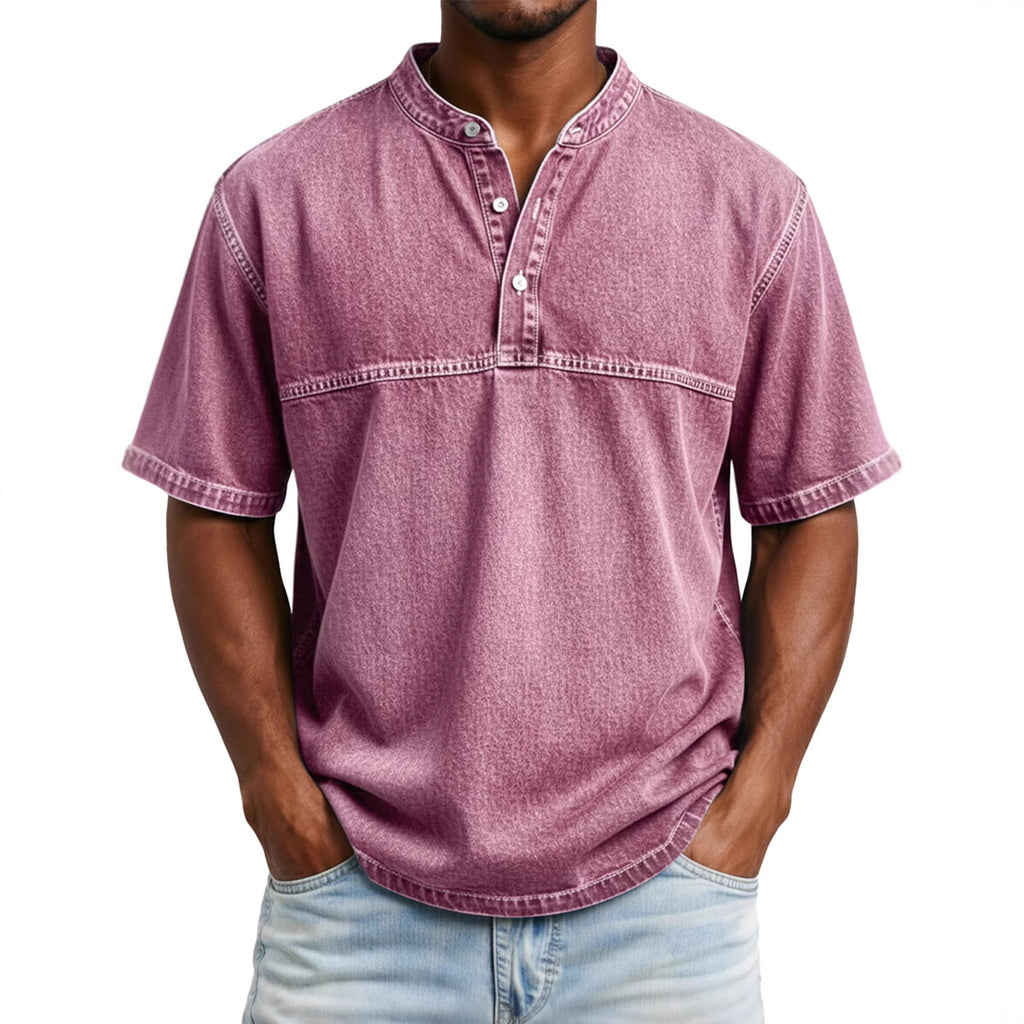 Classyet Straight Shoulder Crewneck Three Button Short Sleeve Henley Print Casual Slim Fit Shirt for Men