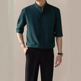 Thin Stand Collar Short Sleeve Men’s Shirt – Lightweight Summer Half Sleeve Casual Polyester Top