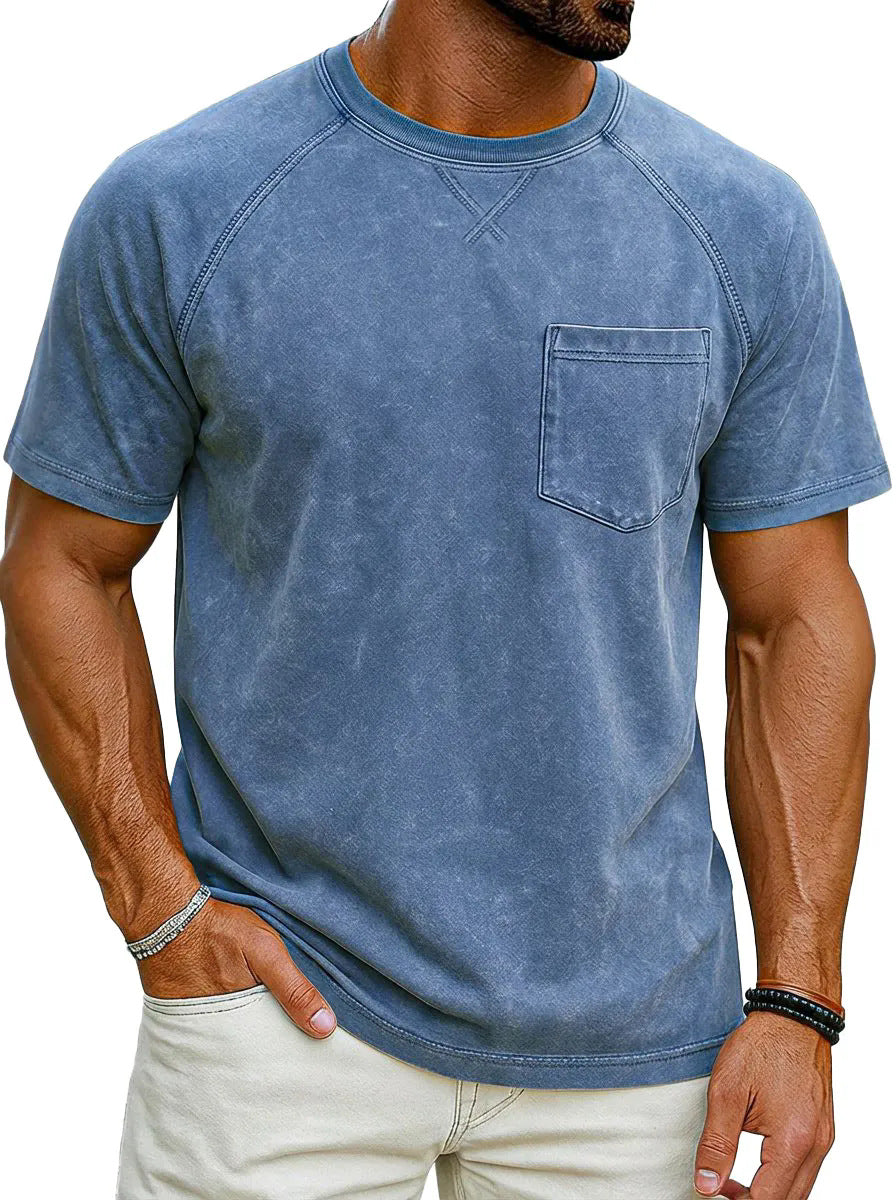 Classyet Retro Distressed Raglan Crew Neck Casual Loose Fit Polyester Short Sleeve T-Shirt for Teenagers
