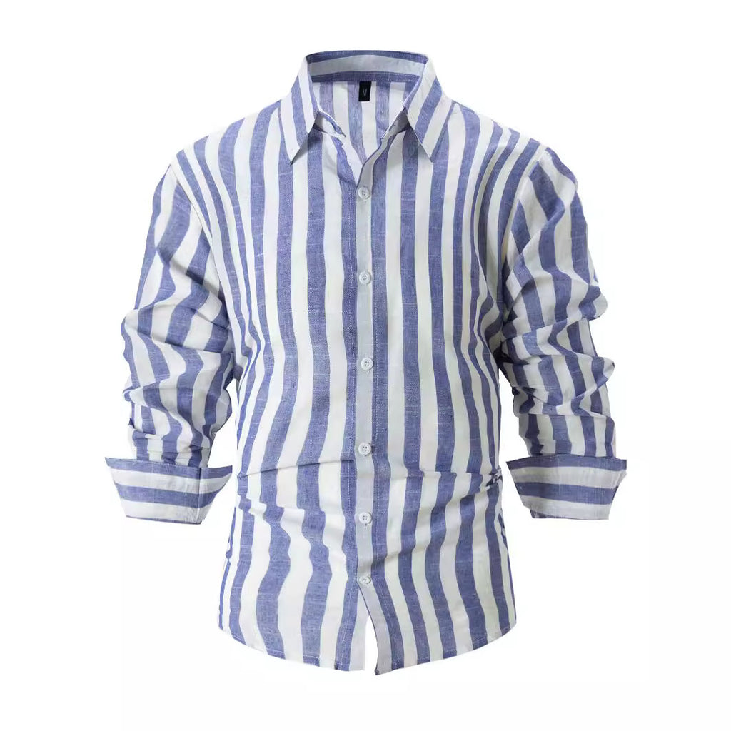 Classyet Striped Print Casual Loose Long Sleeve Shirt for Men British Style Polyester Spring Autumn Wear
