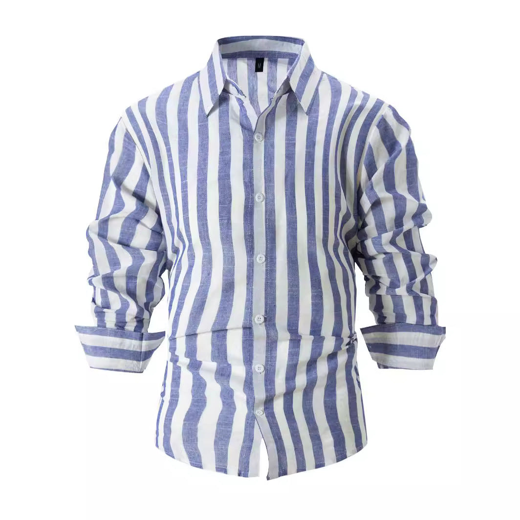 Classyet Striped Print Casual Loose Long Sleeve Shirt for Men British Style Polyester Spring Autumn Wear