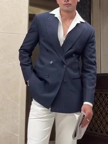 Men’s Classic Stripe Double-Breasted Blazer – Elegant Business Casual Jacket for Daily or Formal Wear