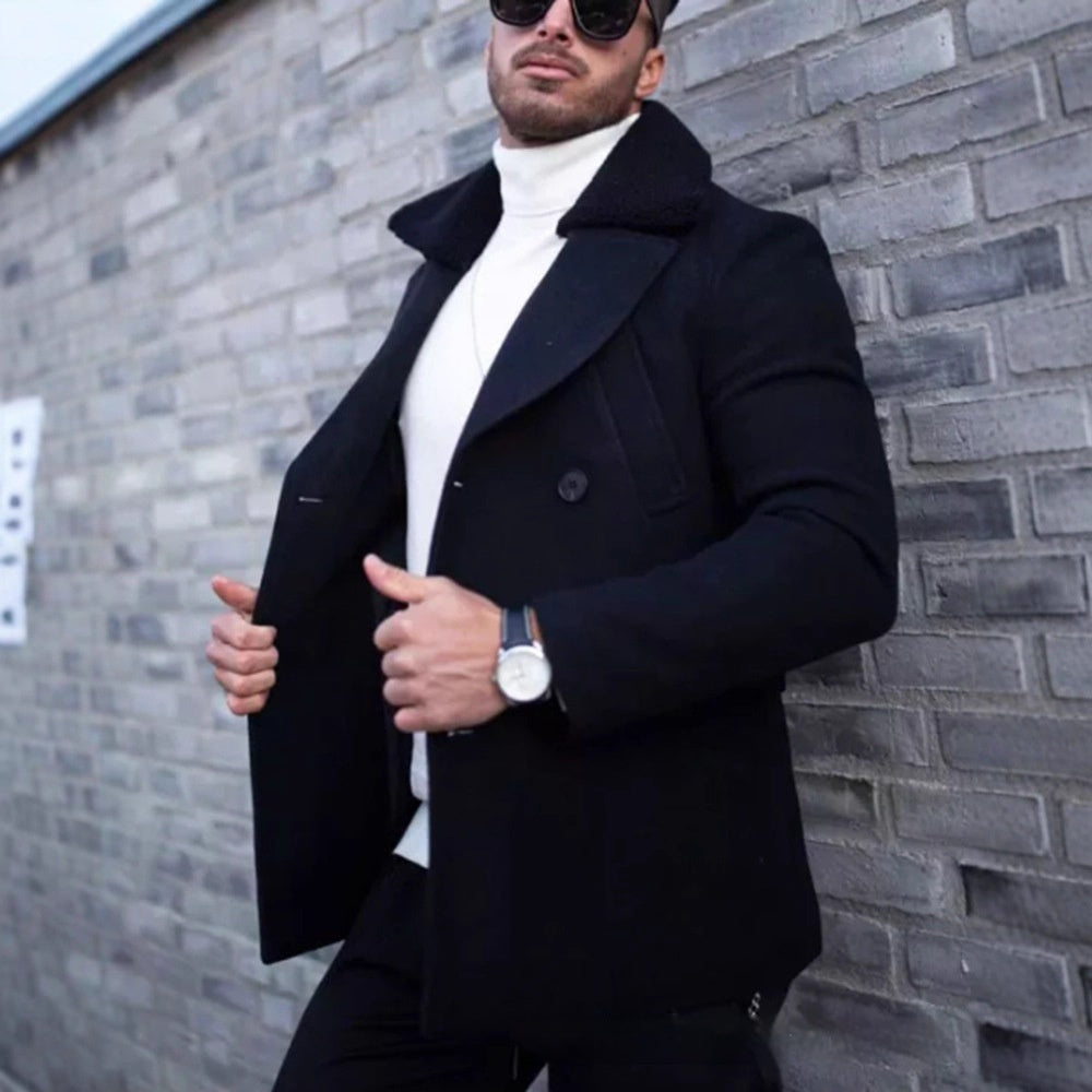 Men’s British Style Fur Collar Woolen Coat – Thick Winter Suit Jacket for Elegant Warmth