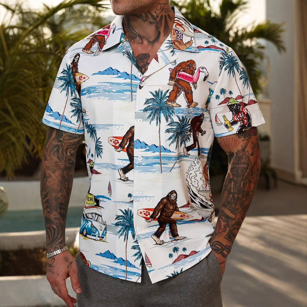 Classyet Fashion Men's Casual Floral Print Short Sleeve Loose Polyester Summer Shirt for Youth Style