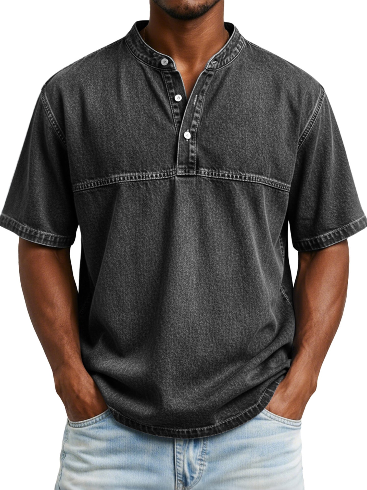 Classyet Straight Shoulder Crewneck Three Button Short Sleeve Henley Print Casual Slim Fit Shirt for Men