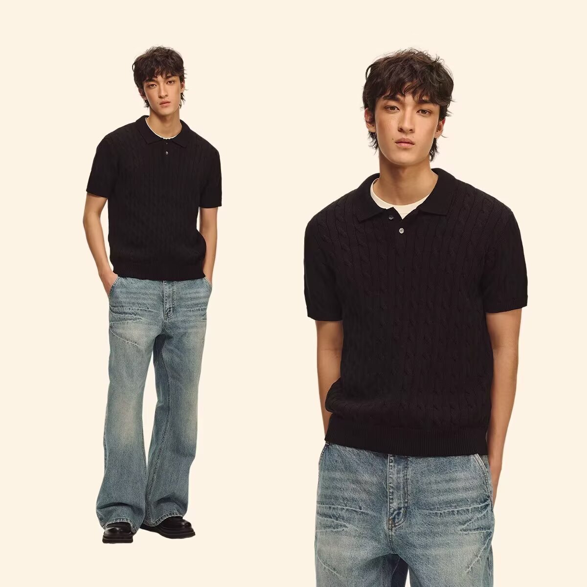 Classyet Men's Casual Linen-Textured Knitted Polo Shirt Slim Fit Short Sleeve Summer Cotton Top