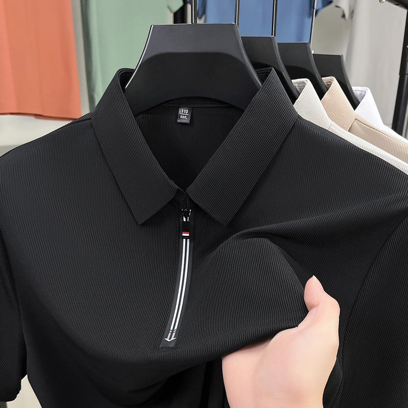 Classyet Men's Business Casual Ice Silk Stretch Short Sleeve Half-Zip Polo Shirt Slim Fit Summer Top
