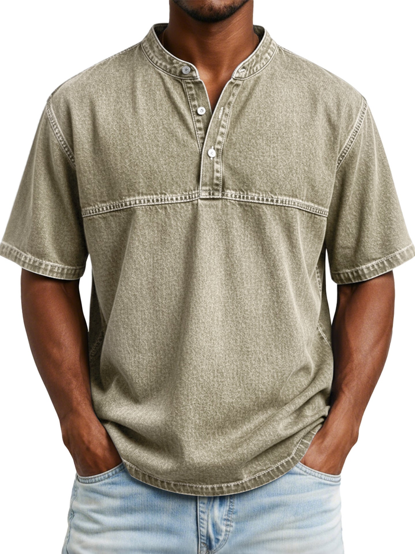 Classyet Straight Shoulder Crewneck Three Button Short Sleeve Henley Print Casual Slim Fit Shirt for Men