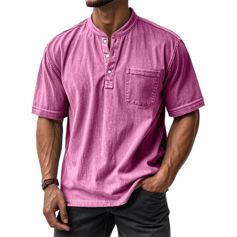 Classyet Men's Casual Slim Fit Cotton Short-Sleeve Crew-Neck Button-Up Shirt for Everyday Wear