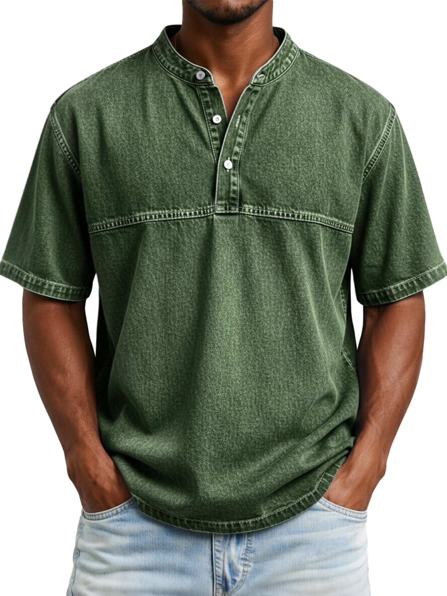 Classyet Straight Shoulder Crewneck Three Button Short Sleeve Henley Print Casual Slim Fit Shirt for Men