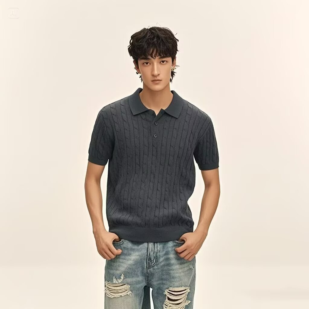Classyet Men's Casual Linen-Textured Knitted Polo Shirt Slim Fit Short Sleeve Summer Cotton Top