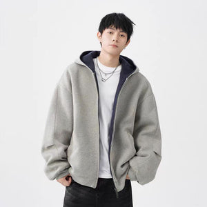 Double Zipper Hooded Men’s Sweater Jacket – Casual Loose Fit Long Sleeve Polyester Cardigan