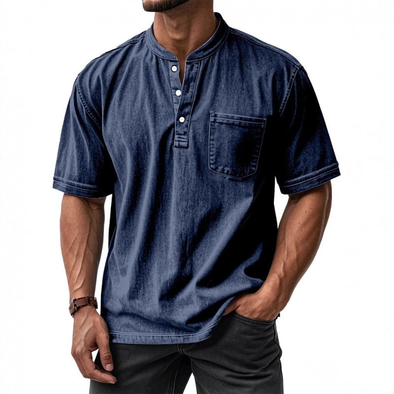 Classyet Men's Casual Slim Fit Cotton Short-Sleeve Crew-Neck Button-Up Shirt for Everyday Wear