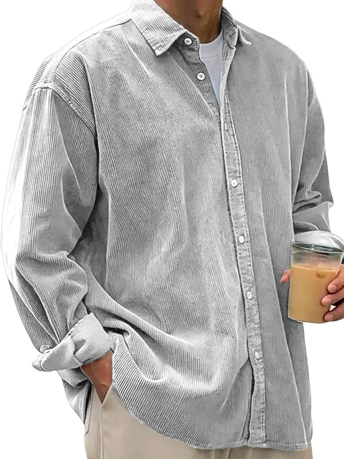 Classyet Men's Casual Corduroy Shirt Jacket Loose Fit Autumn Winter Cardigan Style Long Sleeve Layer