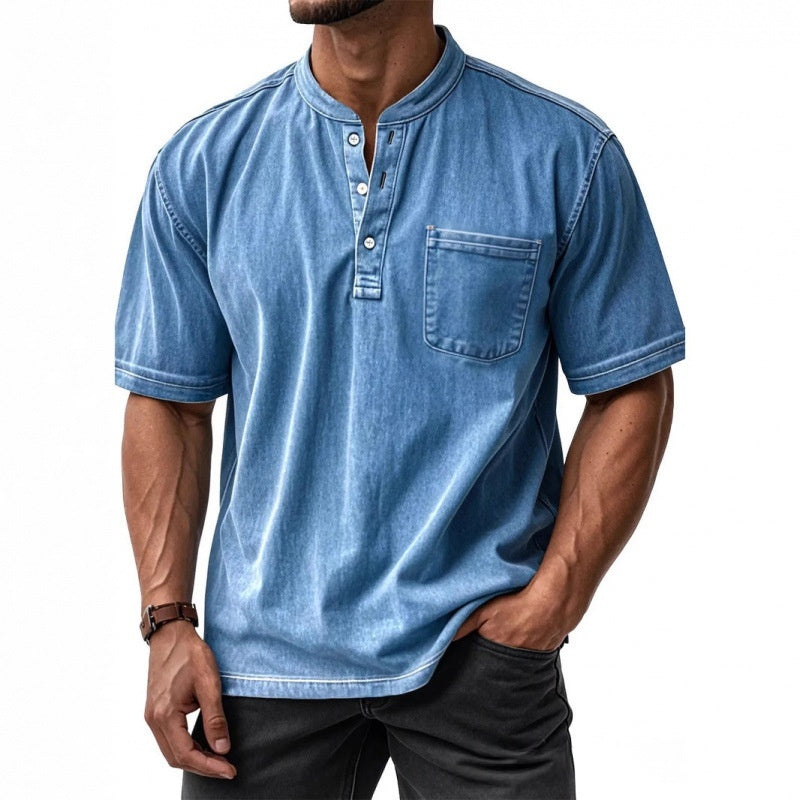 Classyet Men's Casual Slim Fit Cotton Short-Sleeve Crew-Neck Button-Up Shirt for Everyday Wear