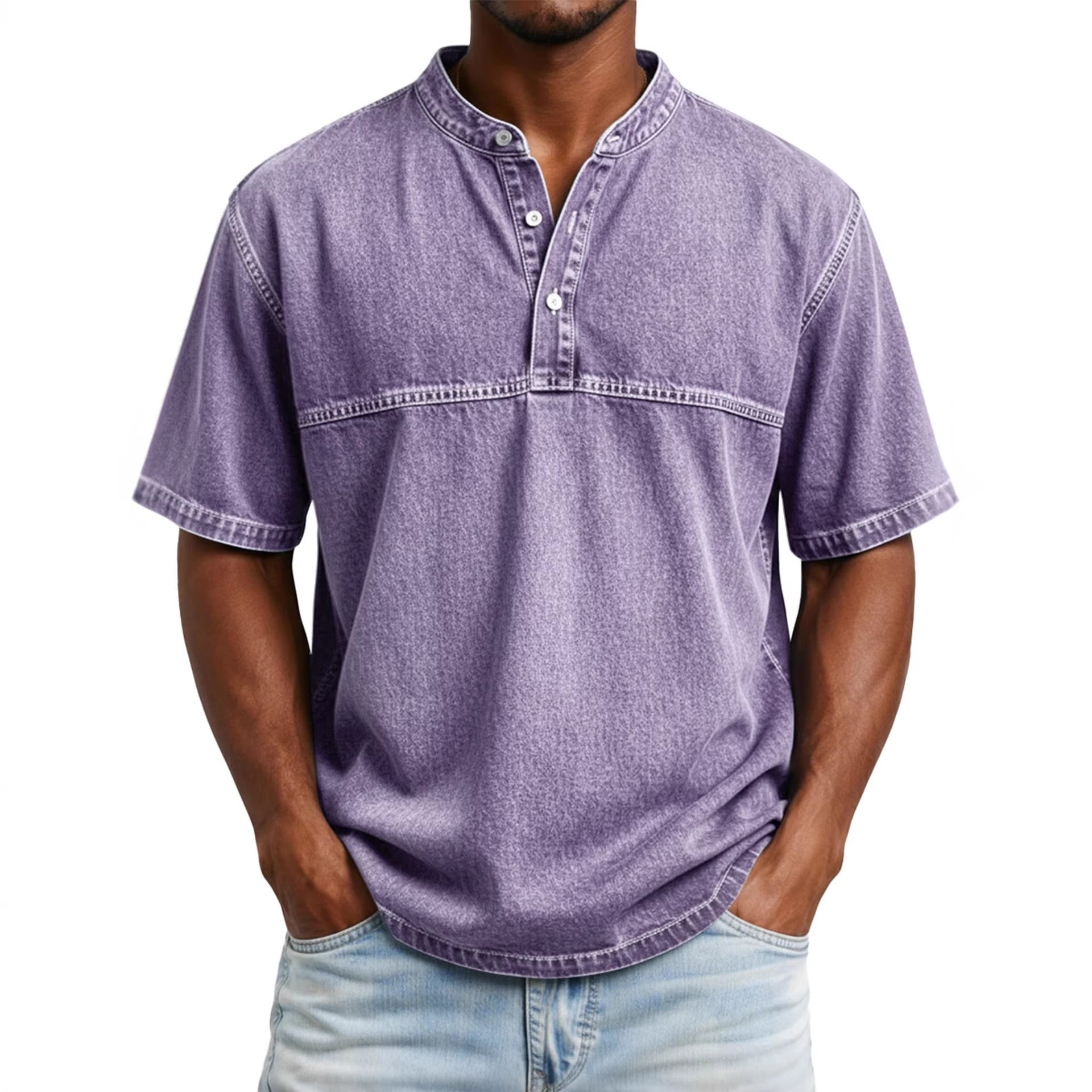 Classyet Straight Shoulder Crewneck Three Button Short Sleeve Henley Print Casual Slim Fit Shirt for Men
