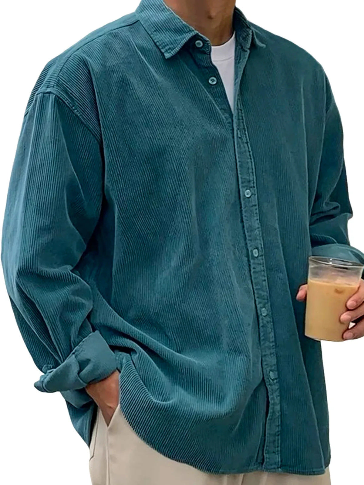 Classyet Men's Casual Corduroy Shirt Jacket Loose Fit Autumn Winter Cardigan Style Long Sleeve Layer